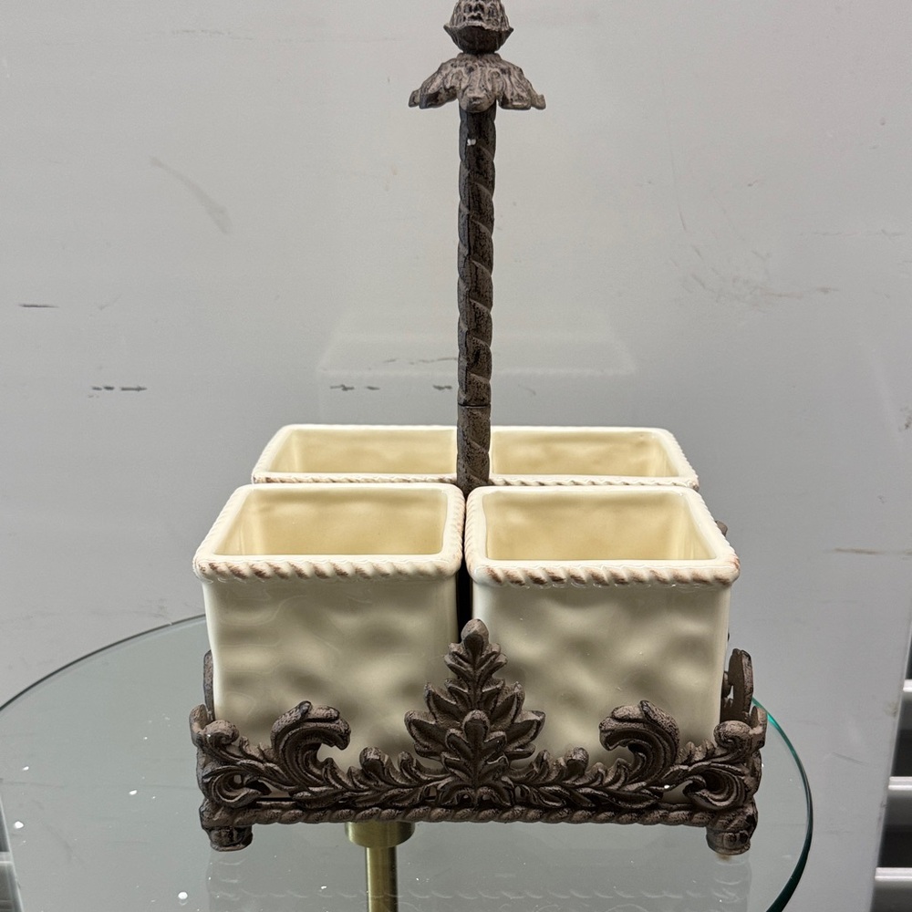 Elegant Cream and Brown Ceramic Flatware Caddy.